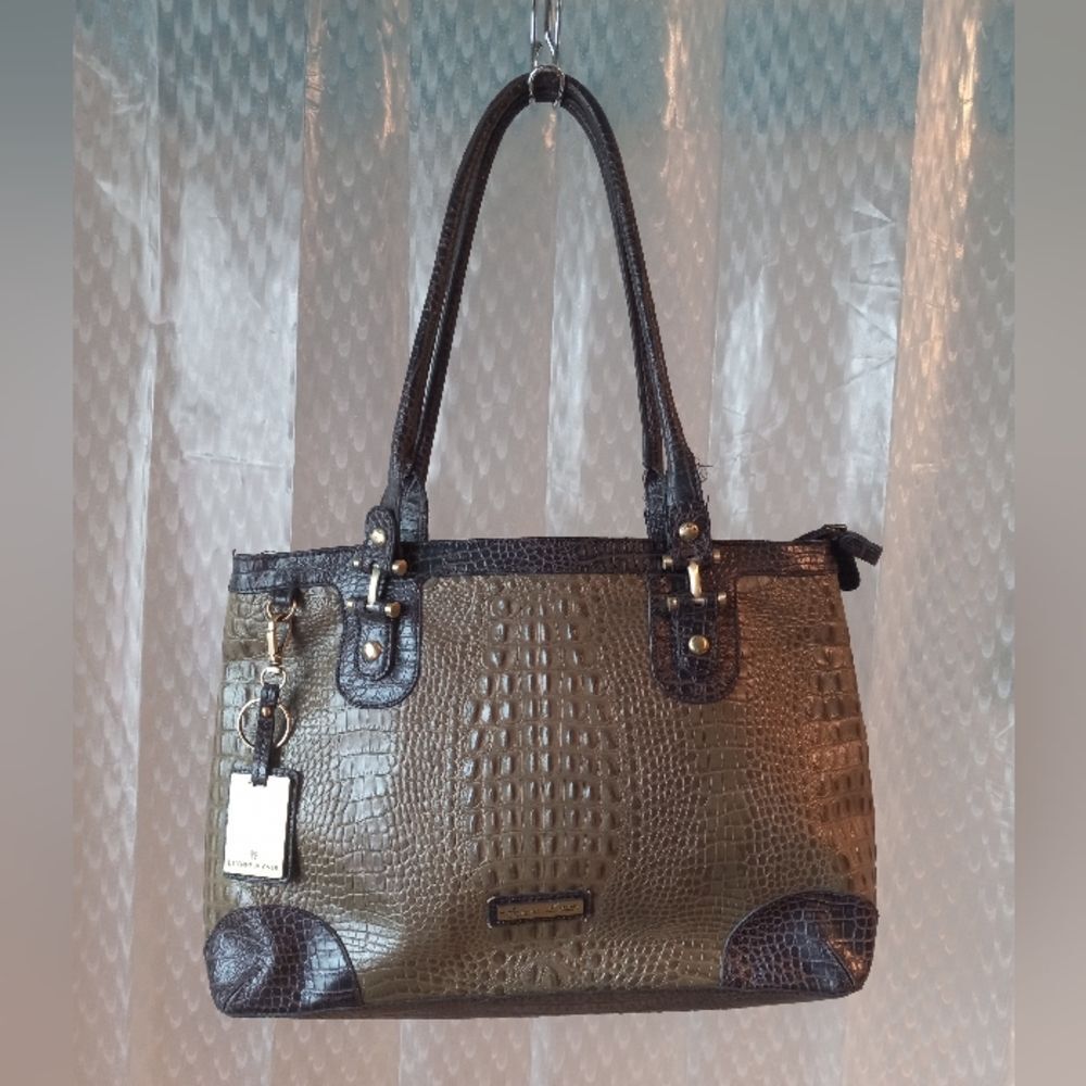 Etienne Aigner Olive Green Croc Embossed Leather Tote Bag